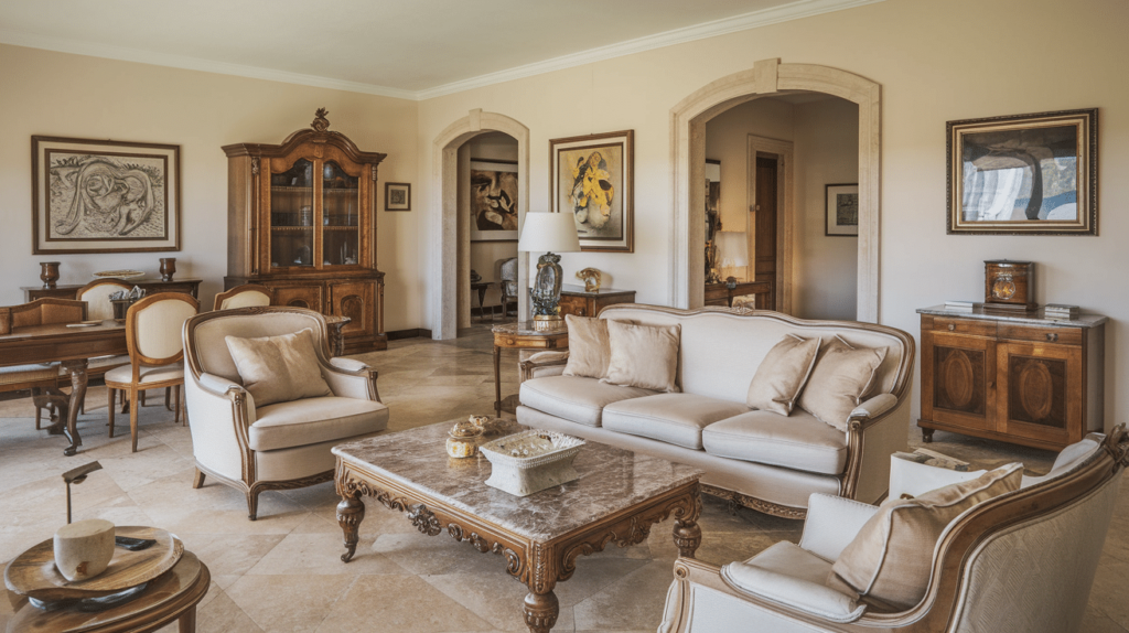 Een luxe woonkamer met vintage decor. Het beschikt over een beige bankstel rond een marmeren salontafel, uitgebreide houten stoelen, een houten vitrinekast en ingelijste kunst aan de muren. De kamer heeft een warm kleurenpalet en elegante meubels.
