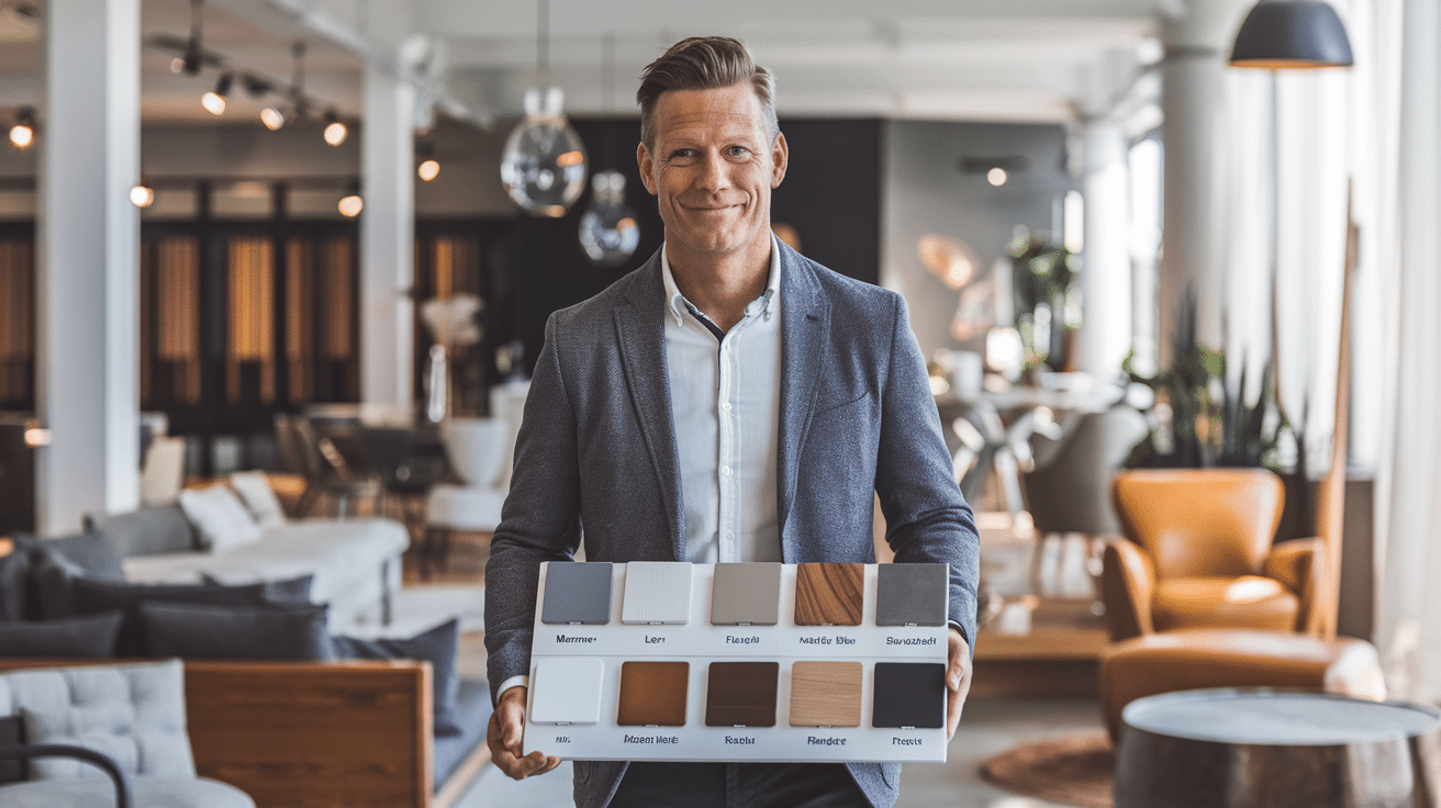 Een lachende man in een pak houdt een displaybord vast met verschillende materiaalstalen in een moderne, stijlvolle meubelshowroom. De stalen bevatten verschillende kleuren en texturen. De achtergrond toont banken, stoelen en decoratieve lampen.