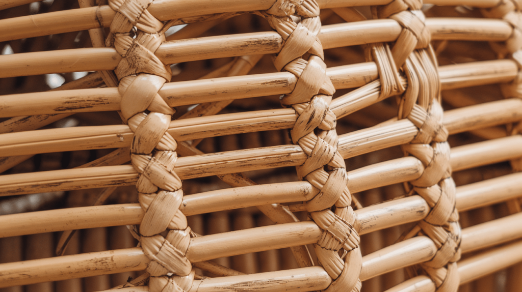 Close-up van een ingewikkelde geweven rotantextuur, met een natuurlijk en gedetailleerd patroon van lichtbruine en beige verweven vezels. Het weefsel vormt een herhaald geometrisch ontwerp met zichtbare knopen op kruispunten.