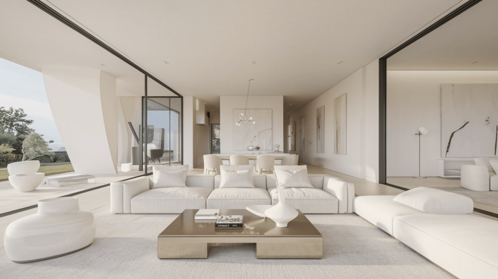 Een moderne, minimalistische woonkamer met witte en beige tinten met een grote sectionele bank, een lage salontafel met een decoratieve vaas, kamerhoge ramen en abstracte kunst aan de muur. De kamer opent naar een schilderachtig uitzicht naar buiten.
