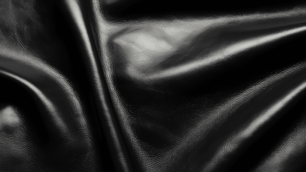 Close-up van glanzend, glad zwart leer met zachte vouwen. De textuur is glanzend, reflecteert licht en creëert highlights en subtiele schaduwen. Het oppervlak ziet er glad en gepolijst uit.