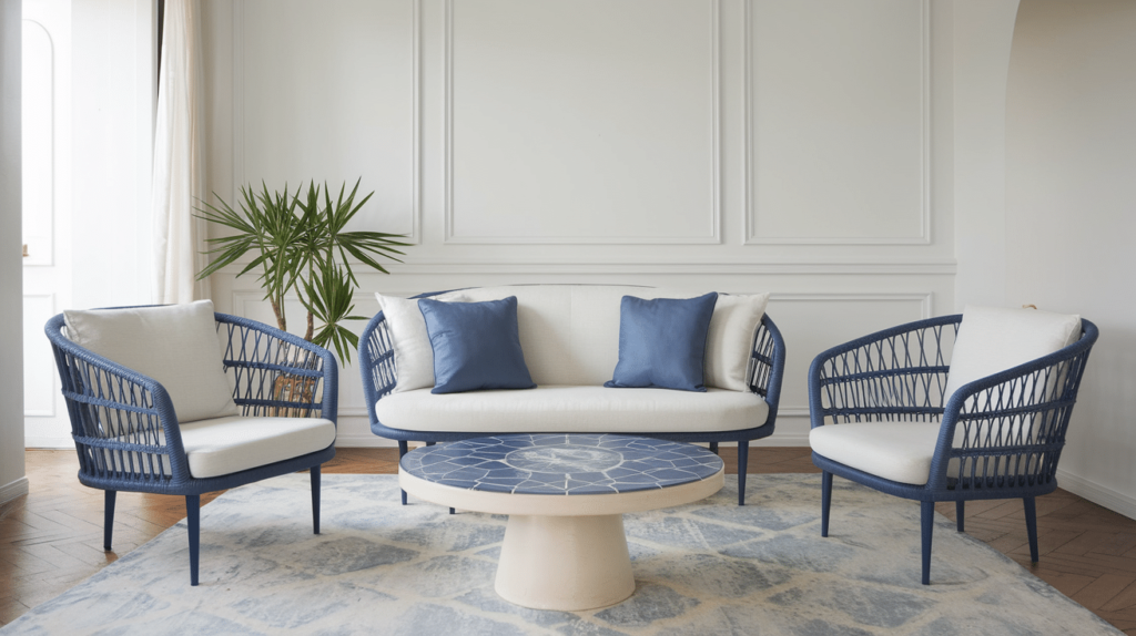 Een moderne woonkamer met een witte bank en twee stoelen met blauwe accenten en kussens. Een ronde salontafel met een geometrisch ontwerp staat op een patroonkleed. Een groene potplant is zichtbaar op de achtergrond, wat de schone, luchtige ruimte versterkt.