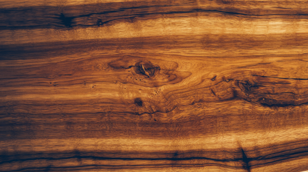Close-up van een houten oppervlak met een rijk, natuurlijk nerfpatroon en warme bruine tinten. Het hout heeft unieke knopen en wervelende texturen, wat een organische en rustieke uitstraling creëert.
