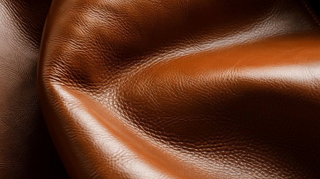 Close-up van glad, glanzend bruin leer met zichtbare texturen en vouwen. Het licht benadrukt de natuurlijke nerf van het materiaal, waardoor de rijke kleur en luxueuze glans zichtbaar worden.