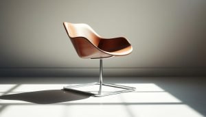 Een moderne stoel met een gladde, gebogen houten zitting en metalen frame staat in een zonnige kamer. Zonlicht werpt schaduwen op de vloer, waardoor het strakke design van de stoel tegen een neutrale muur wordt geaccentueerd en het interieur een elegante touch krijgt.