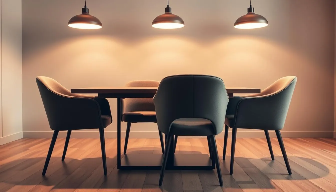 Een moderne eethoek heeft een donkere houten tafel omringd door vier stoelen met kussens en armleuningen op een houten vloer. Drie hanglampen hangen erboven, die een warme gloed op de muren werpen en het gezellige interieur versterken.