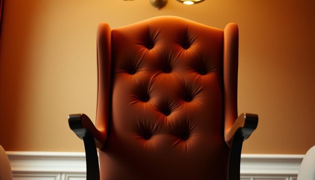 Een pluche, bruine leren eetkamerstoel met een gecapitonneerde rugleuning staat centraal in de afbeelding. Tegen een warme beige muur met witte lambrisering is het prachtig geïntegreerd in het elegante interieur, verlicht door zacht licht.