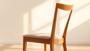 Een houten eetkamer_toel met een lichtgekleurde stoffen zitting is geplaatst tegen een zacht verlichte, neutrale achtergrond. Het zonlicht werpt zachte schaduwen op de muur, wat een warme en uitnodigende ambiance creëert.