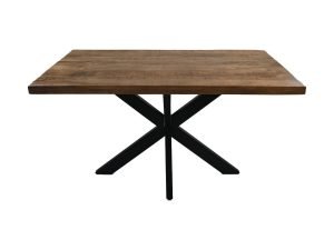 Een rechthoekige houten tafel met een dik, glad oppervlak en een stevig zwart metalen X-vormig onderstel. De tafel heeft een natuurlijke houtafwerking, wat een rustieke maar toch moderne uitstraling biedt.