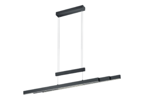 Minimalistische zwarte hanglamp met een lineair design, hangend aan een rechthoekige plafondbevestiging met twee dunne kabels. De lamp heeft een strak en modern uiterlijk, geschikt voor hedendaagse interieurs.