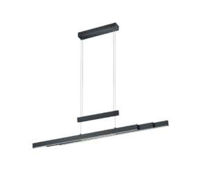 Minimalistische zwarte hanglamp met een lineair design, hangend aan een rechthoekige plafondbevestiging met twee dunne kabels. De lamp heeft een strak en modern uiterlijk, geschikt voor hedendaagse interieurs.