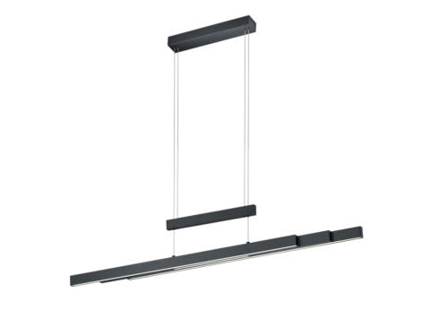 Minimalistische zwarte hanglamp met een lineair design, hangend aan een rechthoekige plafondbevestiging met twee dunne kabels. De lamp heeft een strak en modern uiterlijk, geschikt voor hedendaagse interieurs.