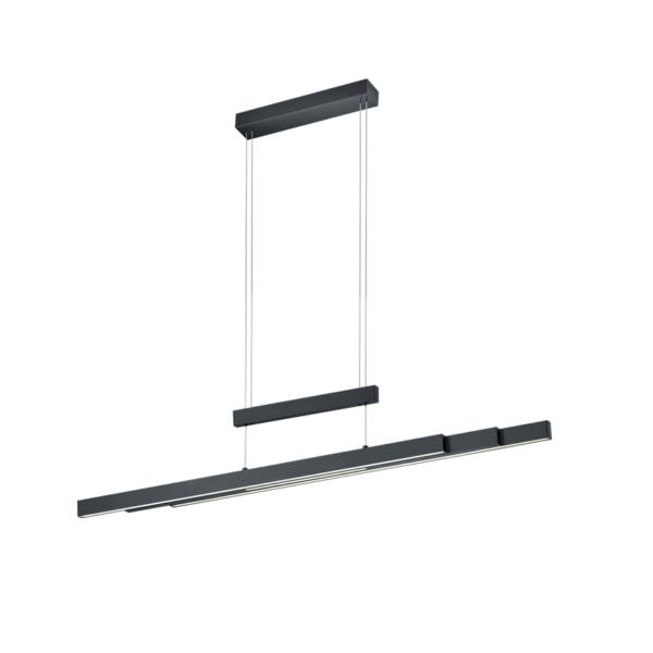 Minimalistische zwarte hanglamp met een lineair design, hangend aan een rechthoekige plafondbevestiging met twee dunne kabels. De lamp heeft een strak en modern uiterlijk, geschikt voor hedendaagse interieurs.