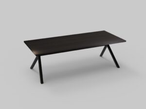 Een strakke, moderne zwarte houten tafel met een rechthoekig blad en schuine poten, afgezet tegen een effen grijze achtergrond.