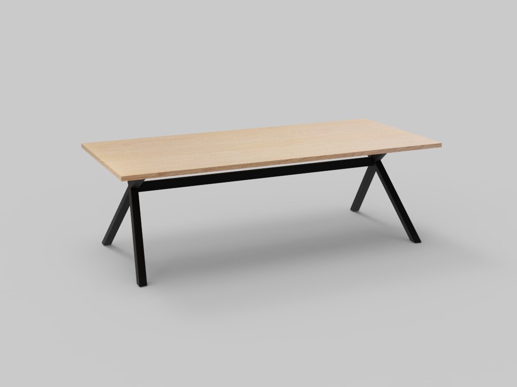 Een minimalistische houten tafel met een rechthoekig blad en zwarte metalen poten in een A-vormig ontwerp, geplaatst tegen een effen grijze achtergrond.