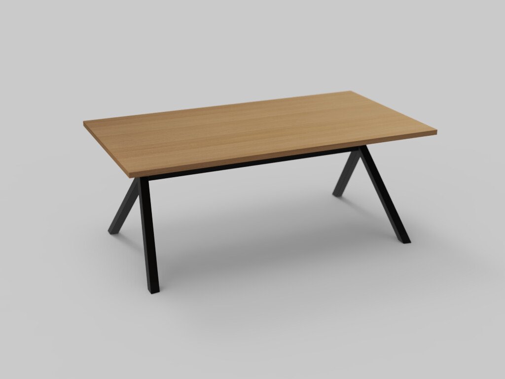 Een minimalistische houten tafel met een rechthoekig blad en schuine, zwarte metalen poten, tegen een effen grijze achtergrond.
