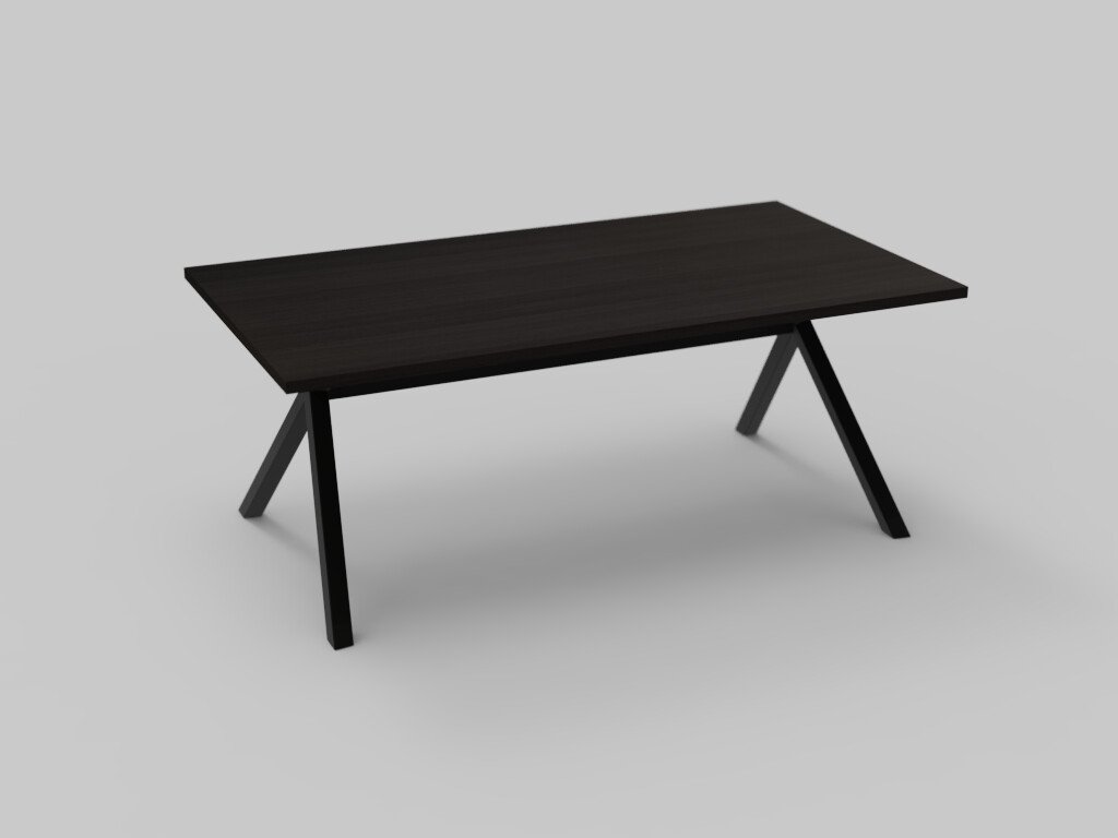 Een strakke, moderne zwarte tafel met een rechthoekig blad en schuine poten, afgezet tegen een effen grijze achtergrond.