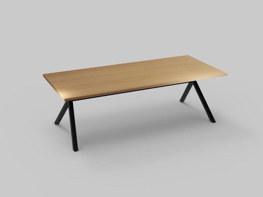 Een moderne houten tafel met een strak rechthoekig blad en zwarte, hoekige metalen poten, geplaatst op een effen grijze achtergrond.