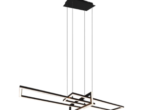 Een moderne, abstracte hanglamp met geometrische vormen en strakke lijnen, opgehangen aan een plafondbevestiging met drie snoeren. De lamp heeft een strakke zwarte en metalen afwerking, wat het eigentijdse design benadrukt.