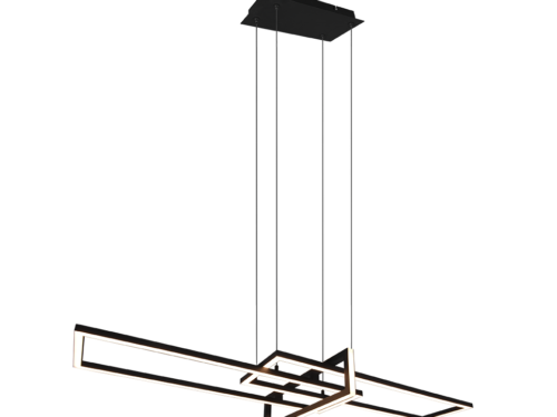 Een moderne, abstracte hanglamp met geometrische vormen en strakke lijnen, opgehangen aan een plafondbevestiging met drie snoeren. De lamp heeft een strakke zwarte en metalen afwerking, wat het eigentijdse design benadrukt.