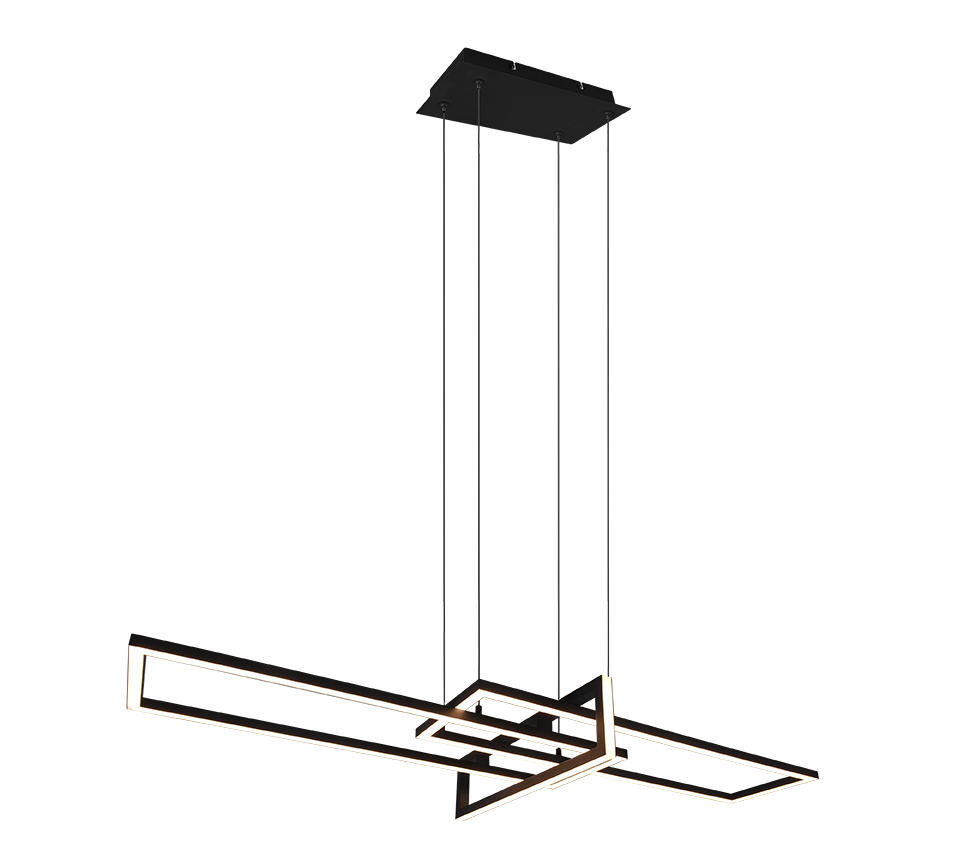 Een moderne, abstracte hanglamp met geometrische vormen en strakke lijnen, opgehangen aan een plafondbevestiging met drie snoeren. De lamp heeft een strakke zwarte en metalen afwerking, wat het eigentijdse design benadrukt.