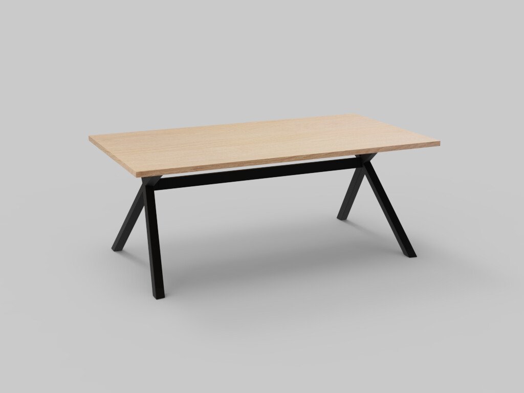 Een moderne tafel met een rechthoekig blad van licht hout en zwarte, hoekige metalen poten staat op een effen grijze achtergrond.