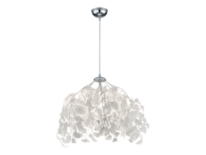 Een moderne hanglamp met talloze delicate, witte bladachtige vormen opgehangen aan dunne draden, wat een organische en luchtige look creëert. Het armatuur is bevestigd aan een plafond met een strakke chromen afwerking.