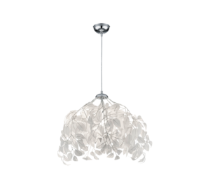 Een moderne hanglamp met talloze delicate, witte bladachtige vormen opgehangen aan dunne draden, wat een organische en luchtige look creëert. Het armatuur is bevestigd aan een plafond met een strakke chromen afwerking.