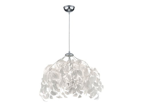 Een moderne hanglamp met talloze delicate, witte bladachtige vormen opgehangen aan dunne draden, wat een organische en luchtige look creëert. Het armatuur is bevestigd aan een plafond met een strakke chromen afwerking.