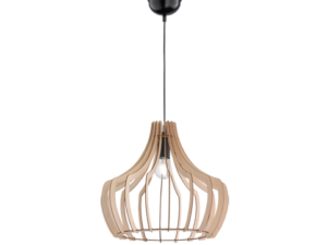 Moderne hanglamp met een open frame van hout en zwarte metalen onderdelen, met zichtbare gloeilamp.