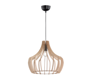 Moderne hanglamp met een open frame van hout en zwarte metalen onderdelen, met zichtbare gloeilamp.