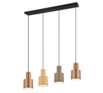Een moderne hanglamp met vier cilindrische lampenkappen in metaalachtige tinten die aan een rechthoekige zwarte balk hangen. De kappen zijn lineair gerangschikt, elk opgehangen aan een zwart koord.
