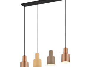 Een moderne hanglamp met vier cilindrische lampenkappen in metaalachtige tinten die aan een rechthoekige zwarte balk hangen. De kappen zijn lineair gerangschikt, elk opgehangen aan een zwart koord.