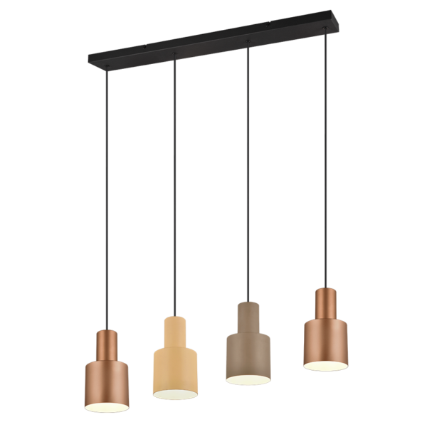 Een moderne hanglamp met vier cilindrische lampenkappen in metaalachtige tinten die aan een rechthoekige zwarte balk hangen. De kappen zijn lineair gerangschikt, elk opgehangen aan een zwart koord.