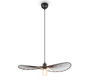 Moderne hanglamp met een enkele zichtbare lamp die aan een dun zwart snoer hangt. De lamp is omhuld door een frame dat lijkt op langwerpige bladeren, waardoor het armatuur een elegante en minimalistische uitstraling krijgt.