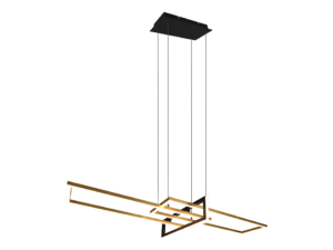 Een moderne plafondlamp met twee horizontale rechthoekige gouden frames die aan vier kabels aan een zwarte rechthoekige houder hangen. Het ontwerp is minimalistisch en geometrisch.