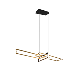 Een moderne plafondlamp met twee horizontale rechthoekige gouden frames die aan vier kabels aan een zwarte rechthoekige houder hangen. Het ontwerp is minimalistisch en geometrisch.