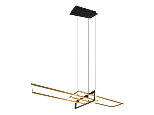 Een moderne plafondlamp met twee horizontale rechthoekige gouden frames die aan vier kabels aan een zwarte rechthoekige houder hangen. Het ontwerp is minimalistisch en geometrisch.