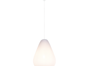 Een moderne hanglamp met een druppelvormige witte kap die aan een dun snoer aan een plafondbevestiging hangt. De lamp straalt een zachte gloed uit, wat een eigentijdse en elegante uitstraling creëert.