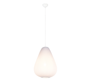 Een moderne hanglamp met een druppelvormige witte kap die aan een dun snoer aan een plafondbevestiging hangt. De lamp straalt een zachte gloed uit, wat een eigentijdse en elegante uitstraling creëert.