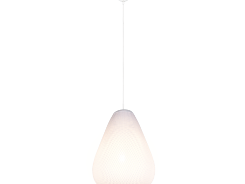 Een moderne hanglamp met een druppelvormige witte kap die aan een dun snoer aan een plafondbevestiging hangt. De lamp straalt een zachte gloed uit, wat een eigentijdse en elegante uitstraling creëert.