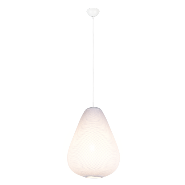 Een moderne hanglamp met een druppelvormige witte kap die aan een dun snoer aan een plafondbevestiging hangt. De lamp straalt een zachte gloed uit, wat een eigentijdse en elegante uitstraling creëert.