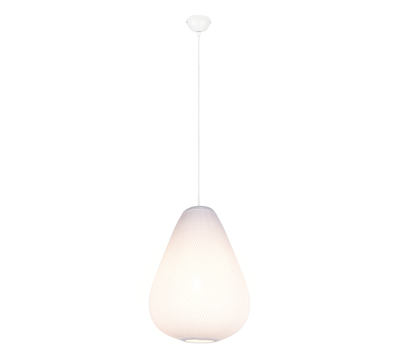 Een moderne hanglamp met een druppelvormige witte kap die aan een dun snoer aan een plafondbevestiging hangt. De lamp straalt een zachte gloed uit, wat een eigentijdse en elegante uitstraling creëert.