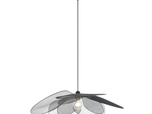 Een moderne plafondventilator met drie strakke, gebogen metalen bladen en een centrale zichtbare gloeilamp. De ventilator hangt aan een rechte, zwarte stang.