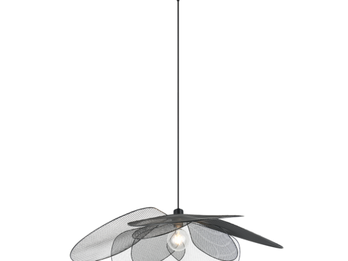 Een moderne plafondventilator met drie strakke, gebogen metalen bladen en een centrale zichtbare gloeilamp. De ventilator hangt aan een rechte, zwarte stang.