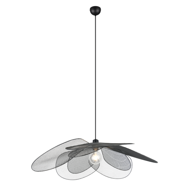 Een moderne plafondventilator met drie strakke, gebogen metalen bladen en een centrale zichtbare gloeilamp. De ventilator hangt aan een rechte, zwarte stang.