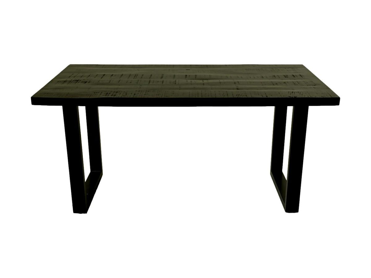 Een rechthoekige houten tafel met een donkere houten afwerking en dikke poten die lijken op eenvoudige geometrische vormen, afgezet tegen een effen witte achtergrond.