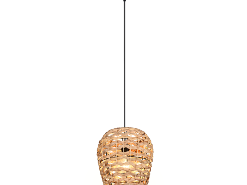 Een geweven rotan hanglamp met een zwart snoer en plafondarmatuur, die warm licht uitstraalt. Het mandachtige ontwerp van de lamp creëert een gestructureerde, gezellige gloed.