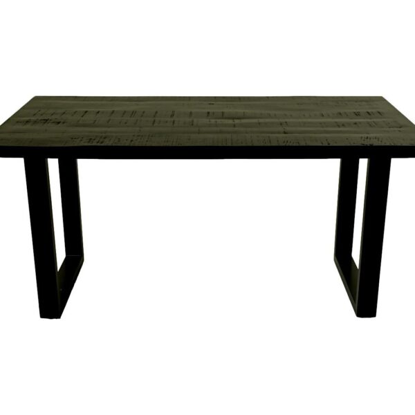 Een rechthoekige houten tafel met een donkere houten afwerking en dikke poten die lijken op eenvoudige geometrische vormen, afgezet tegen een effen witte achtergrond.