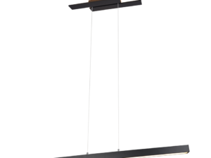 Minimalistische zwarte hanglamp met een dunne, langwerpige horizontale balk die aan twee slanke staven aan een bijpassende rechthoekige plafondbevestiging hangt. De lamp heeft een strak en modern design.